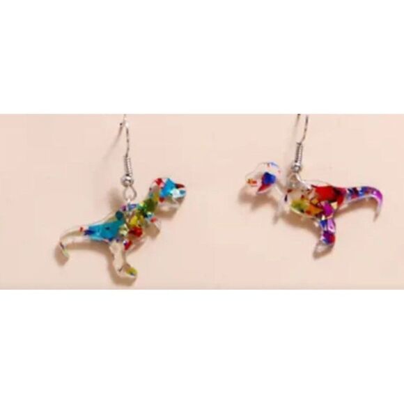 New! Adorable T-Rex Dinosaur Colorful Acrylic Foil Filled Cute Dangle Earrings N - Picture 2 of 3